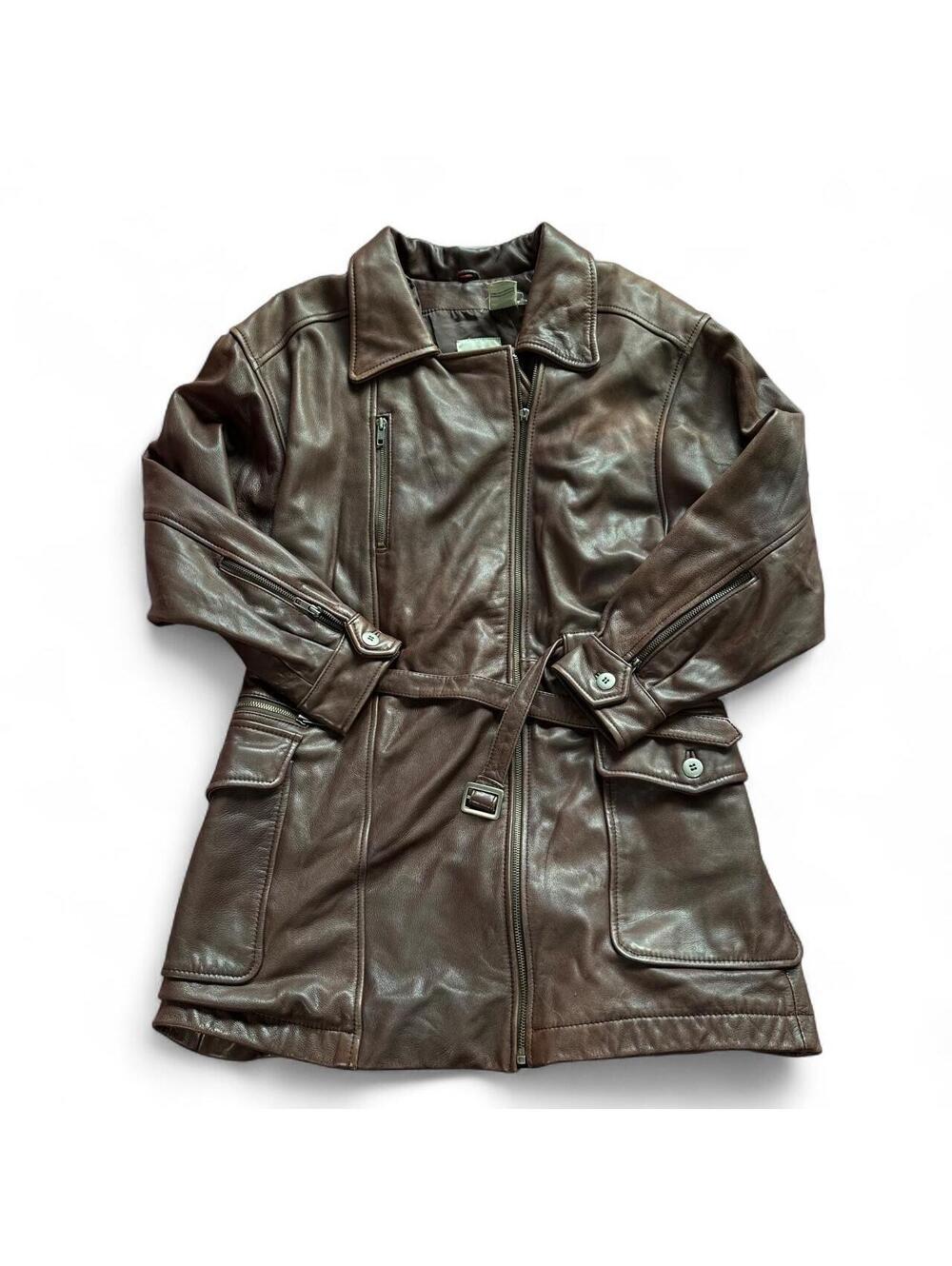 Vintage 80s 90s Dark Brown Leather Safari Jacket Belted Trench Coat - Size 12